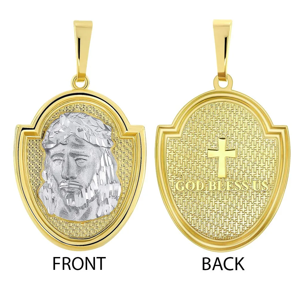 14k Two-Tone Gold Jesus Christ Medallion Scripted God Bless Us Pendant Necklace