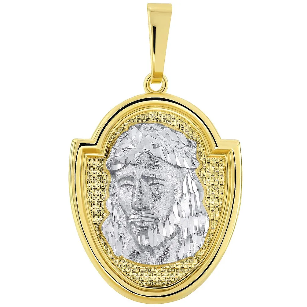 14k Two-Tone Gold Jesus Christ Medallion Scripted God Bless Us Pendant Necklace