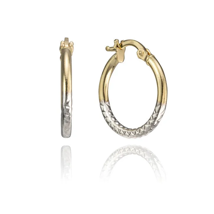 18K Two Tone Textured Hoops