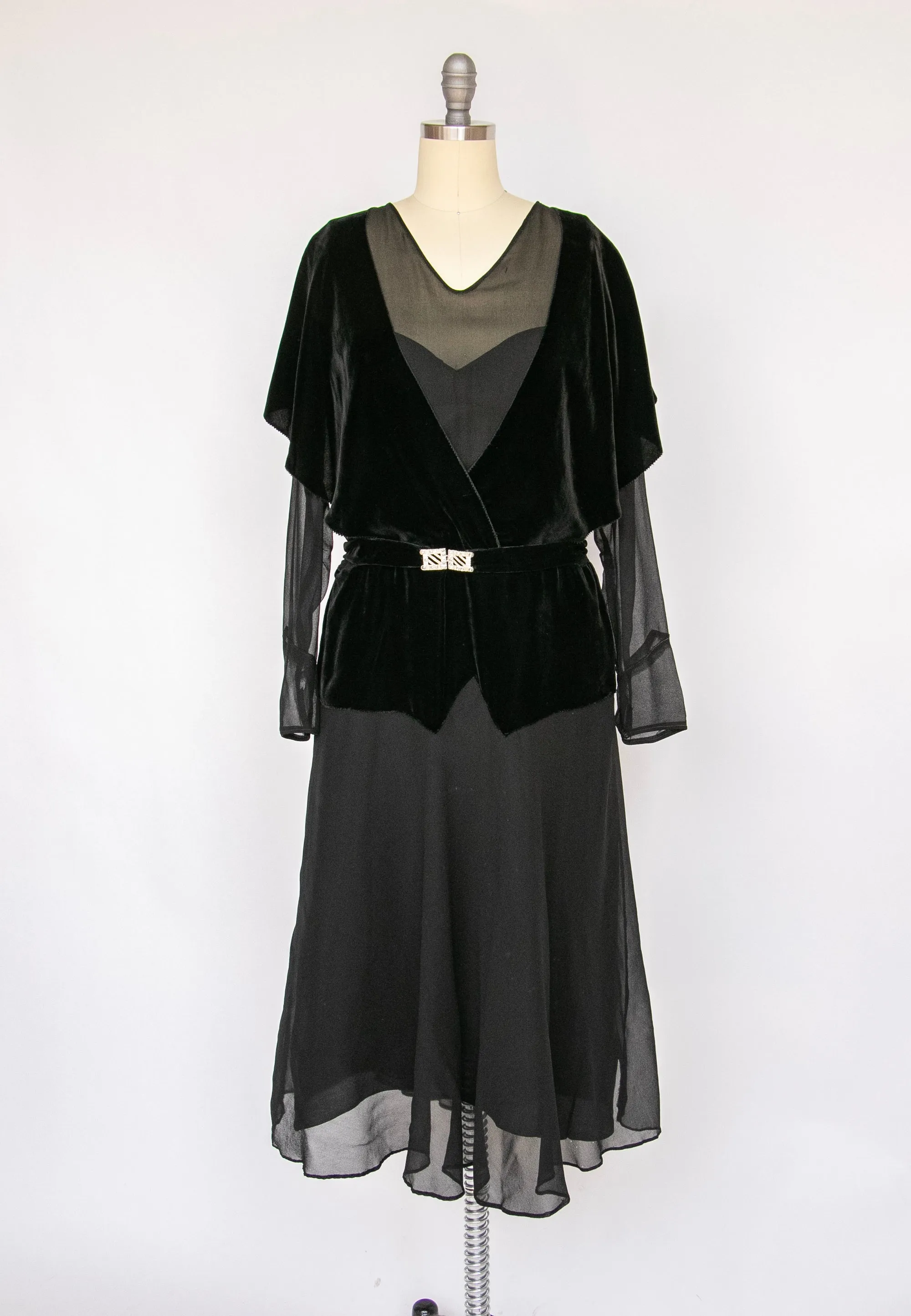 1920s Dress Black Velvet Chiffon Illusion Deco M
