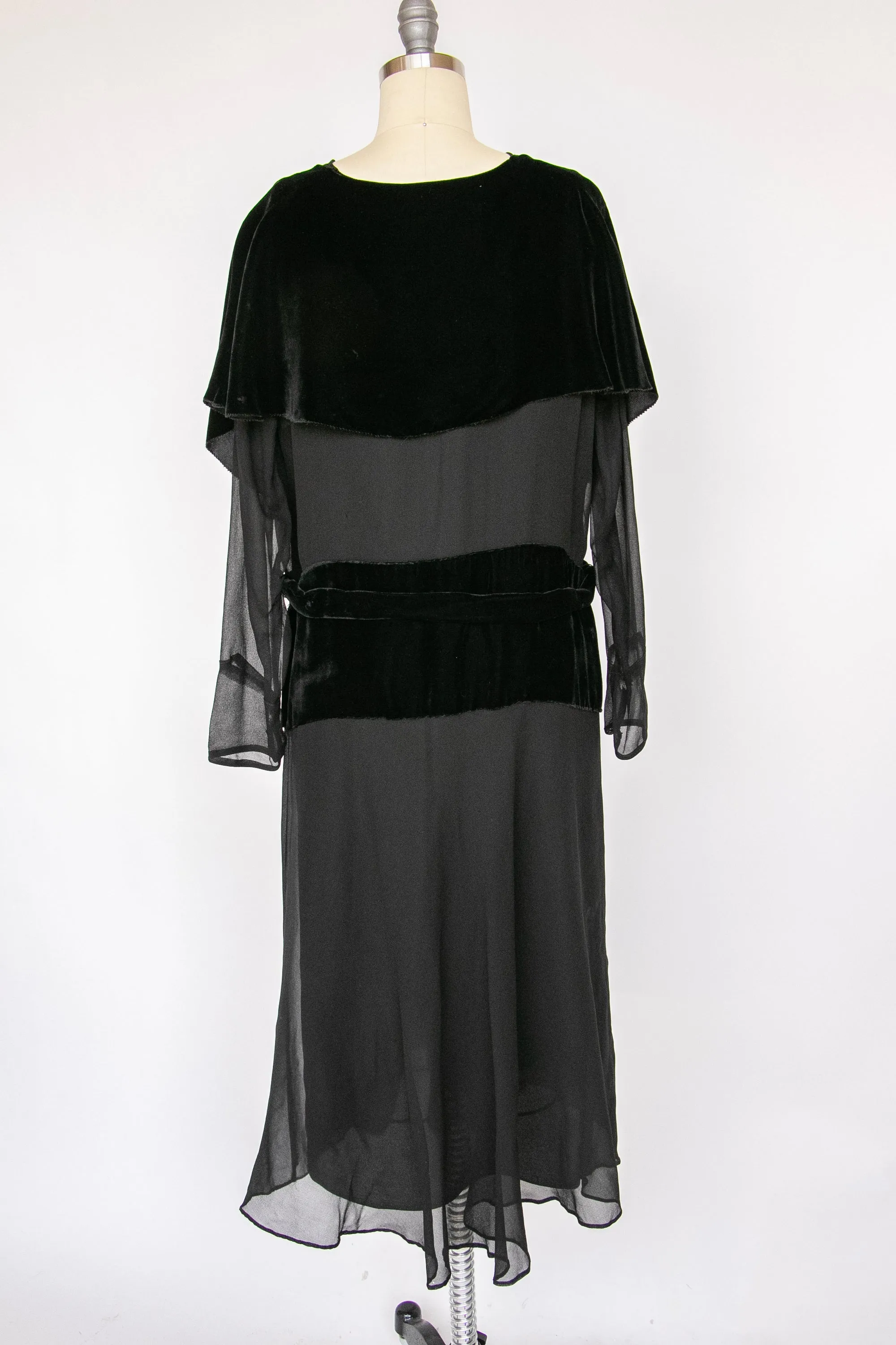 1920s Dress Black Velvet Chiffon Illusion Deco M