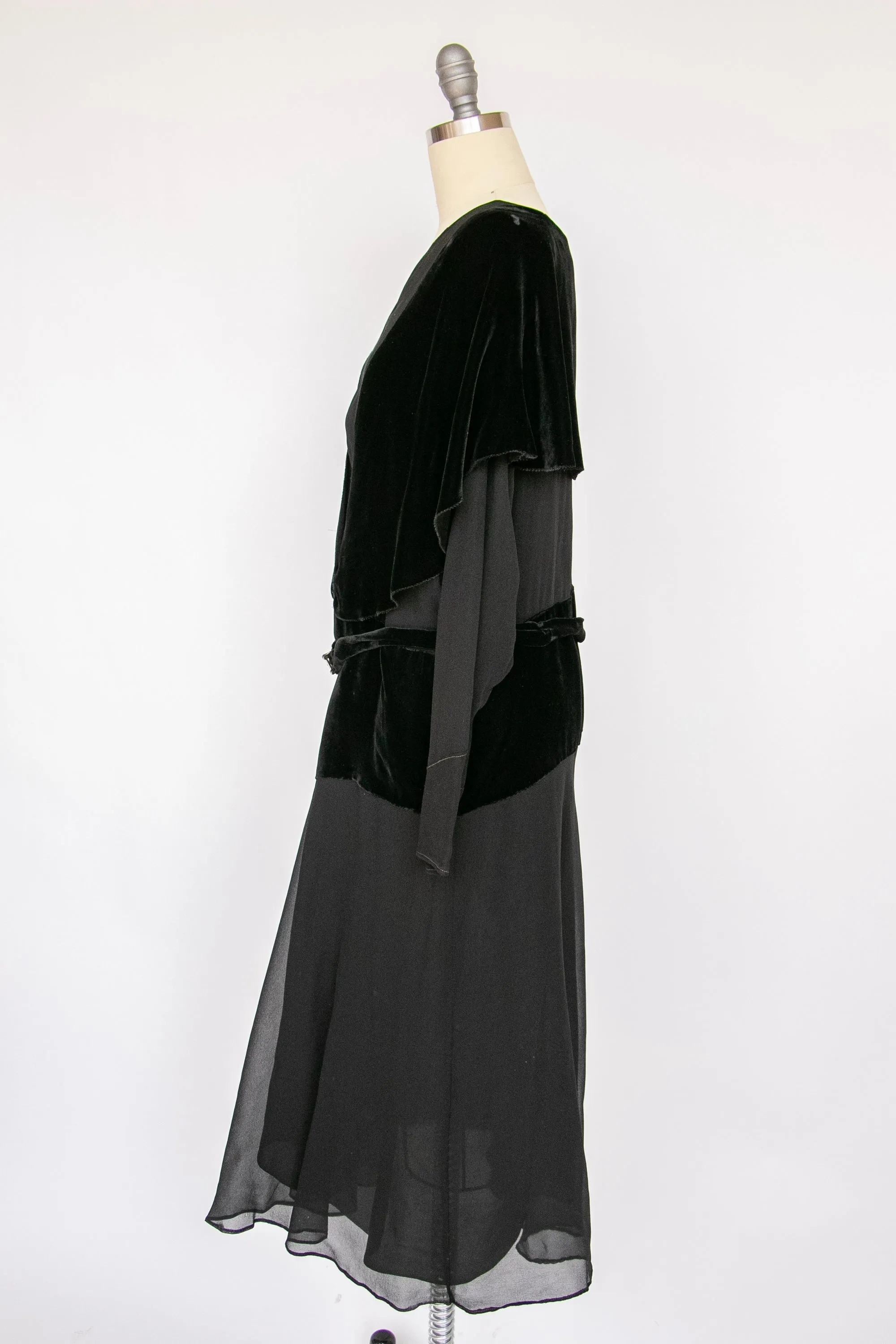 1920s Dress Black Velvet Chiffon Illusion Deco M