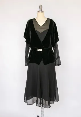 1920s Dress Black Velvet Chiffon Illusion Deco M