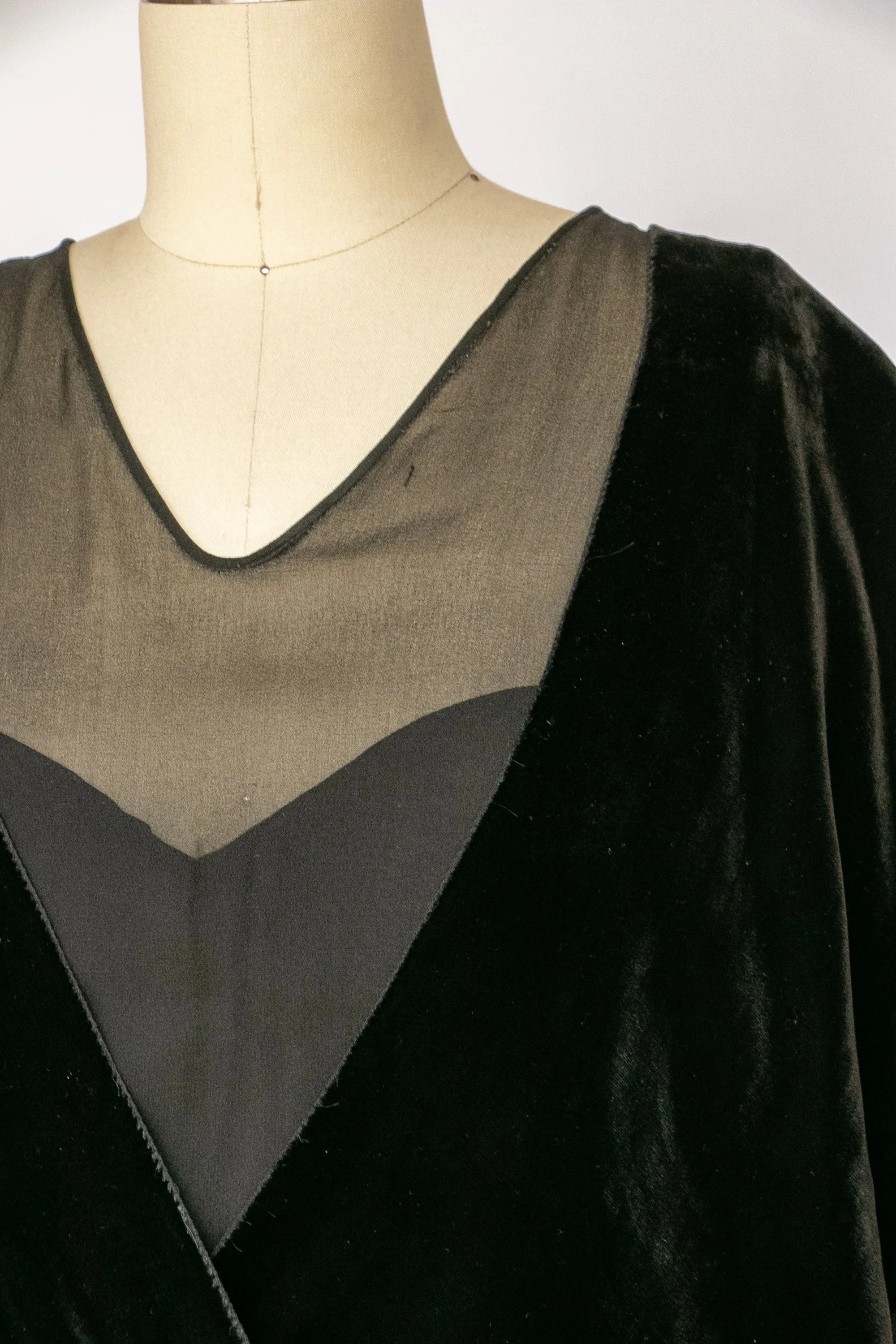 1920s Dress Black Velvet Chiffon Illusion Deco M