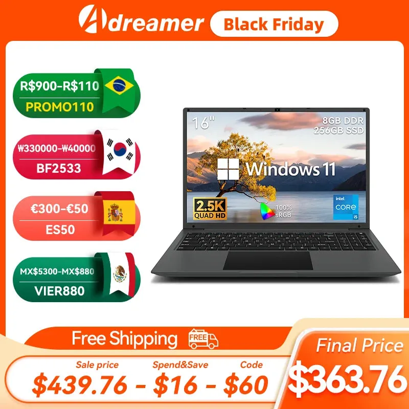Adreamer Laptop 16 Inch 2.5K IPS Intel i5-1240P 16GB DDR4 1TB SSD Office School Notebook 55Wh 12 Core 4.4GHz Windows 11 Computer