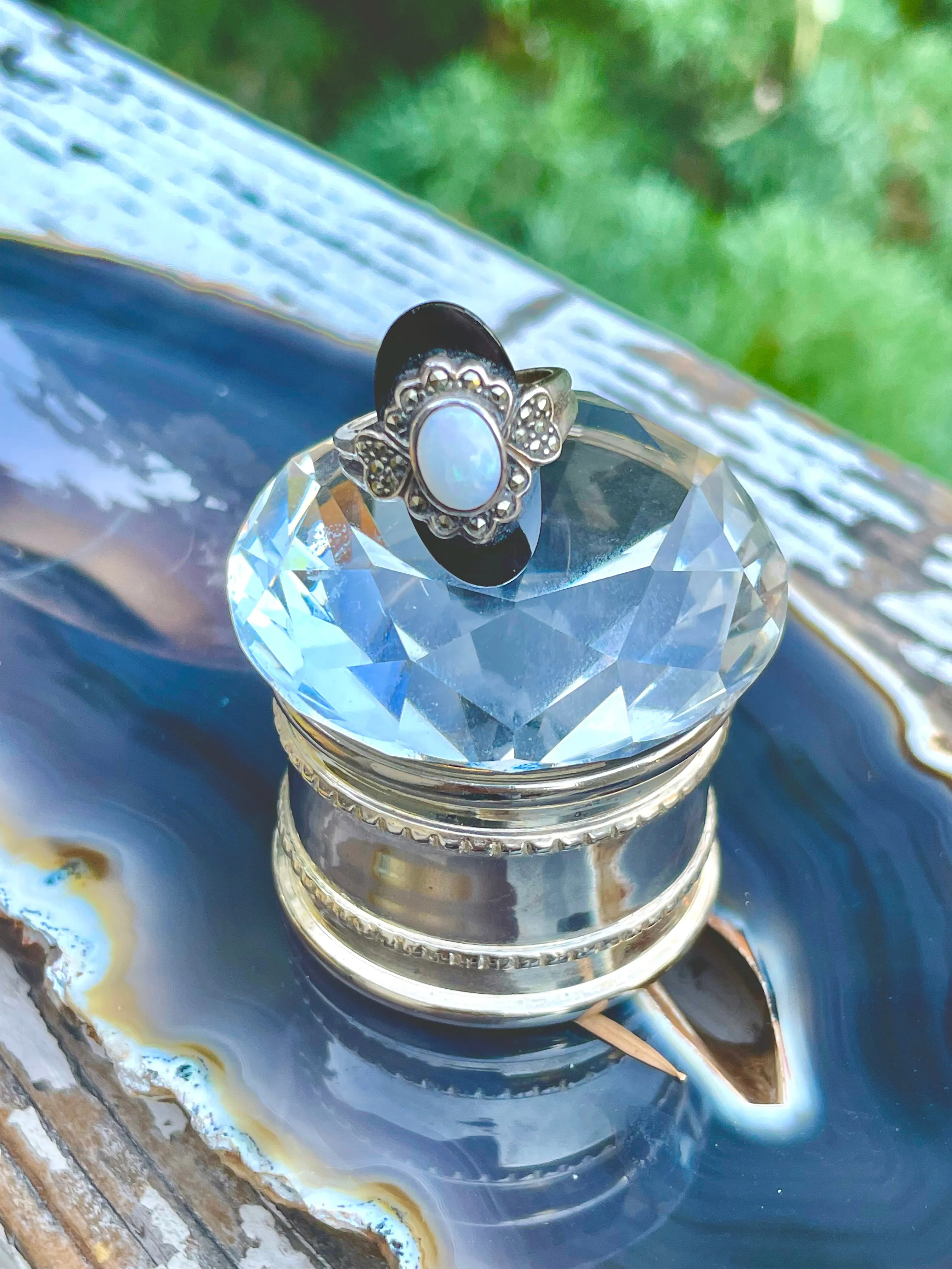 Antique Art Deco Sterling Silver Marcasite Black Onyx & Opal Stone Ring Size 7