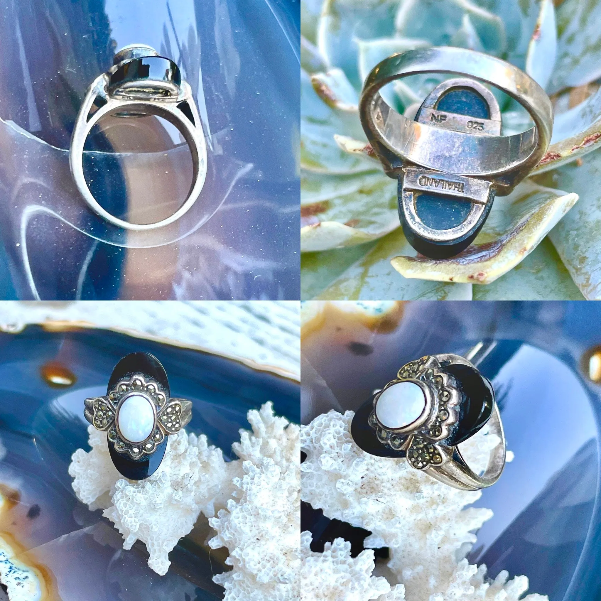 Antique Art Deco Sterling Silver Marcasite Black Onyx & Opal Stone Ring Size 7