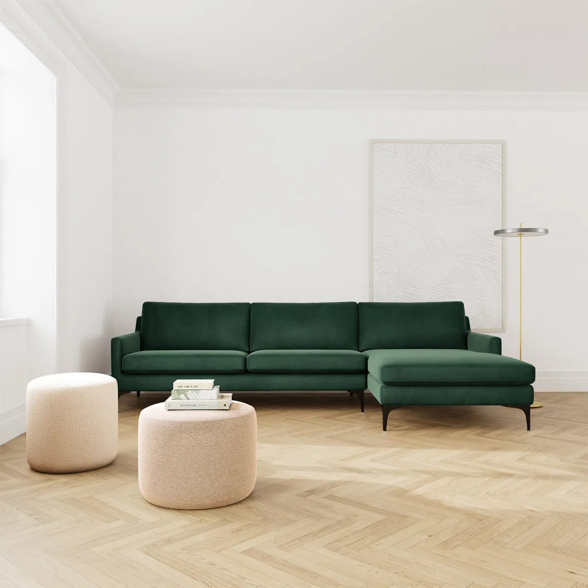 Astha Velvet Right Chaise Sofa (Black Metal, Lux Dark Green)