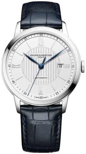 Baume & Mercier Classima Automatic Silver-Tone Dial Blue Leather Strap Date Mens Watch MOA10333