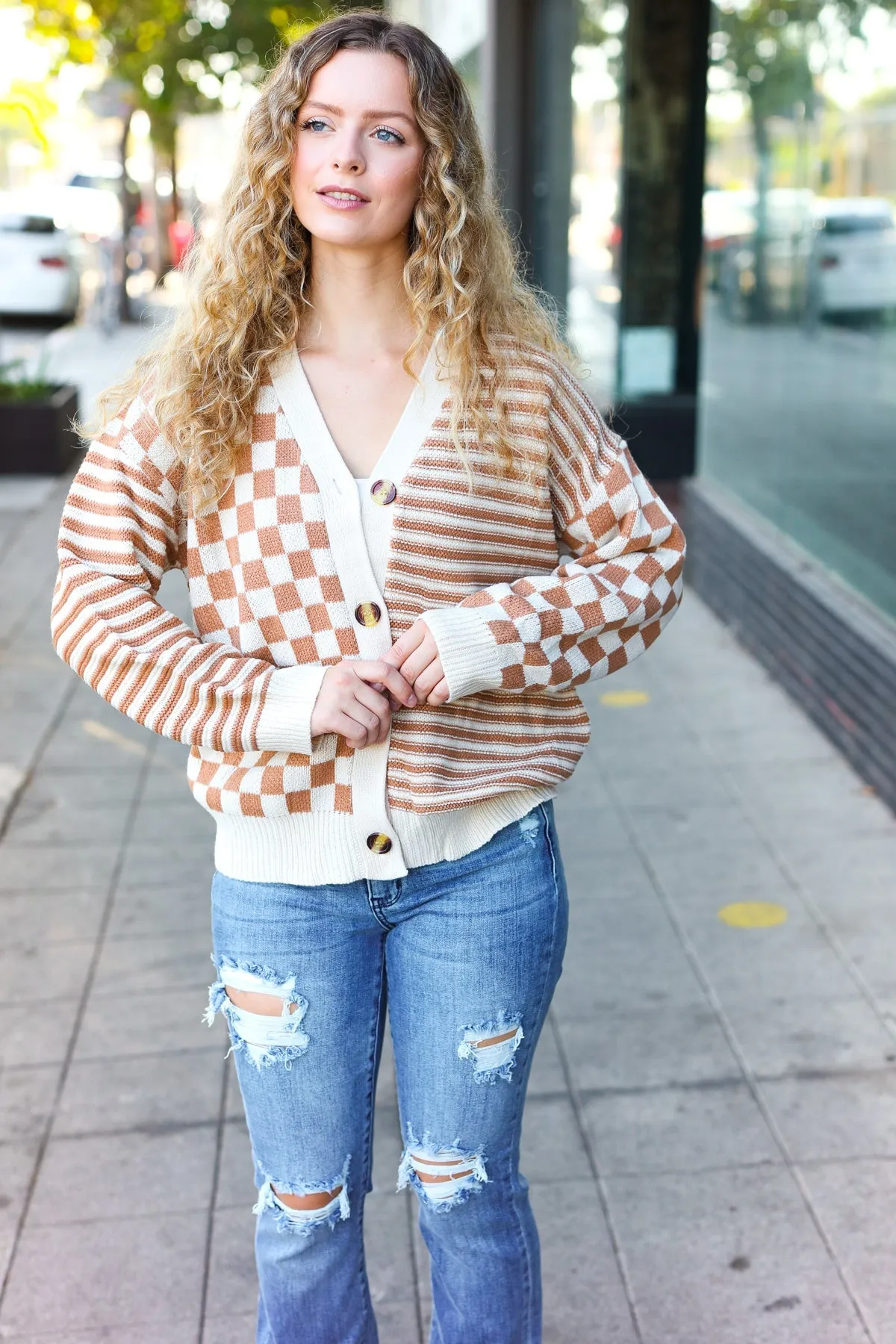 Cozy Days Taupe Checkered & Striped Button Down Cardigan (Open Pack)