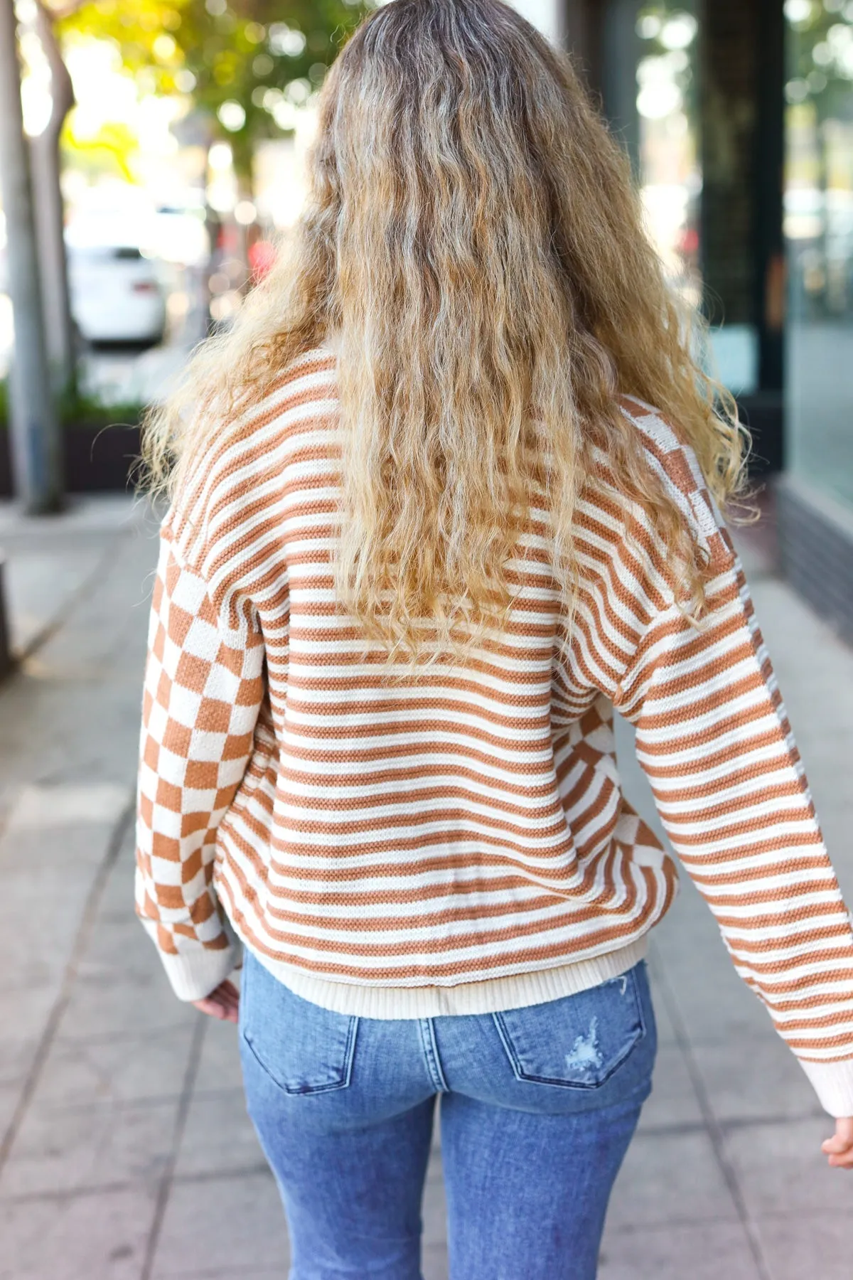 Cozy Days Taupe Checkered & Striped Button Down Cardigan (Open Pack)