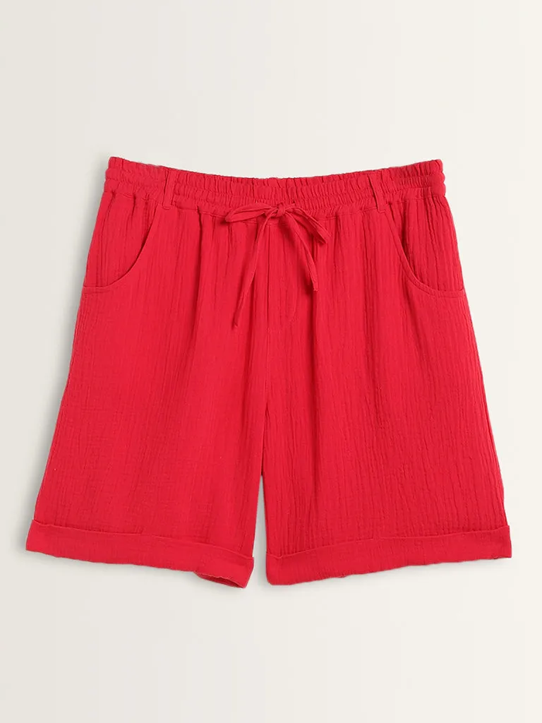 Gia Red Crinkle Textured Mid Rise Shorts