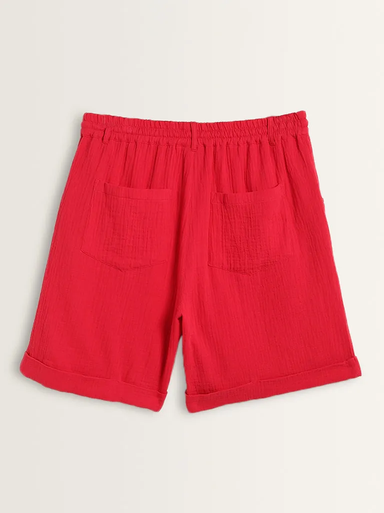 Gia Red Crinkle Textured Mid Rise Shorts