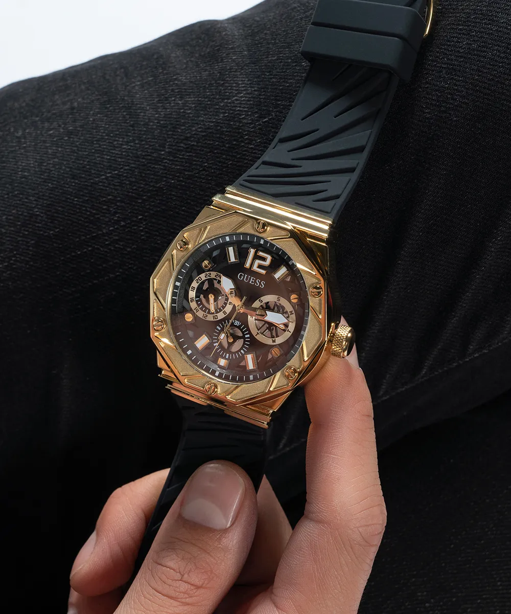 GUESS Mens Black Gold Tone Multi-function Watch