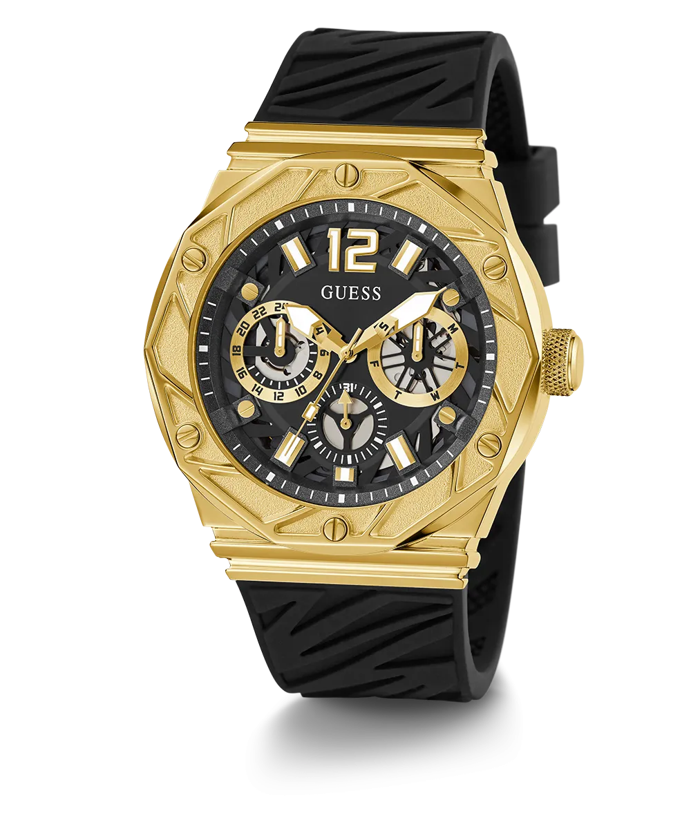 GUESS Mens Black Gold Tone Multi-function Watch