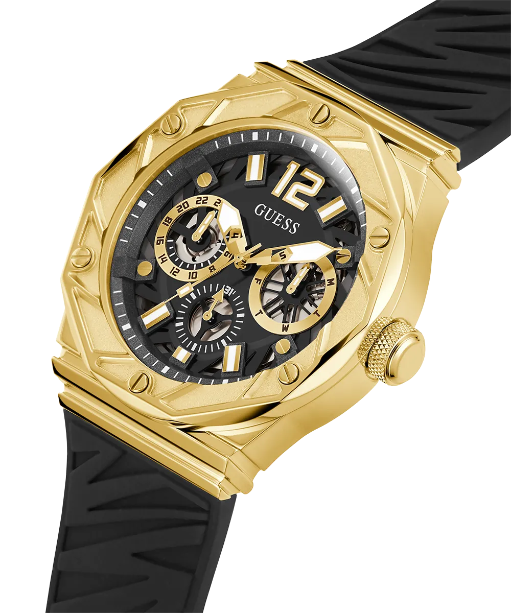 GUESS Mens Black Gold Tone Multi-function Watch