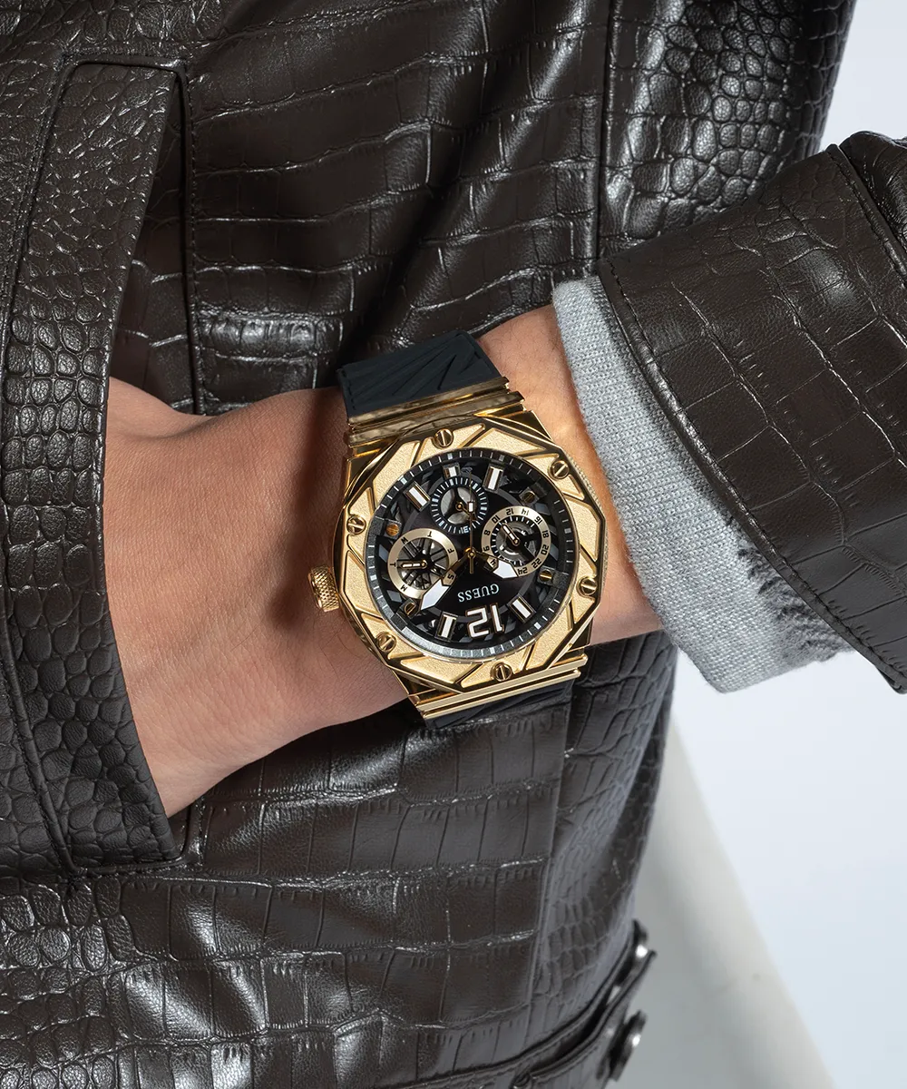 GUESS Mens Black Gold Tone Multi-function Watch