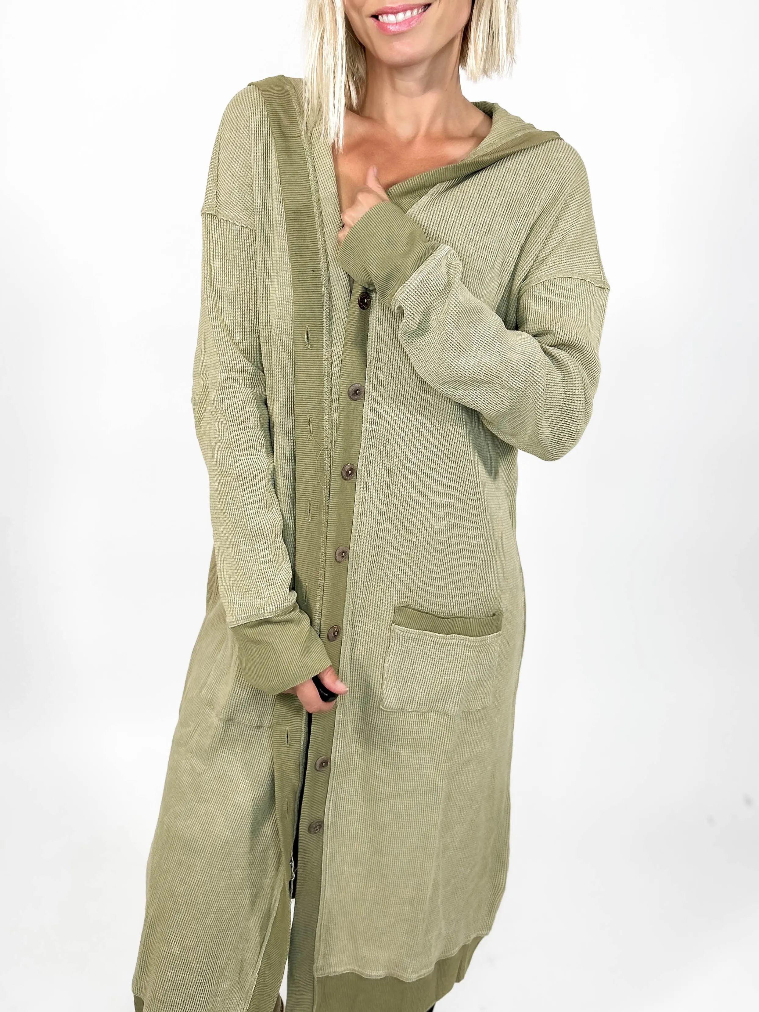 Kourtney Waffle Hoodie Cardigan- VINTAGE OLIVE-FINAL SALE