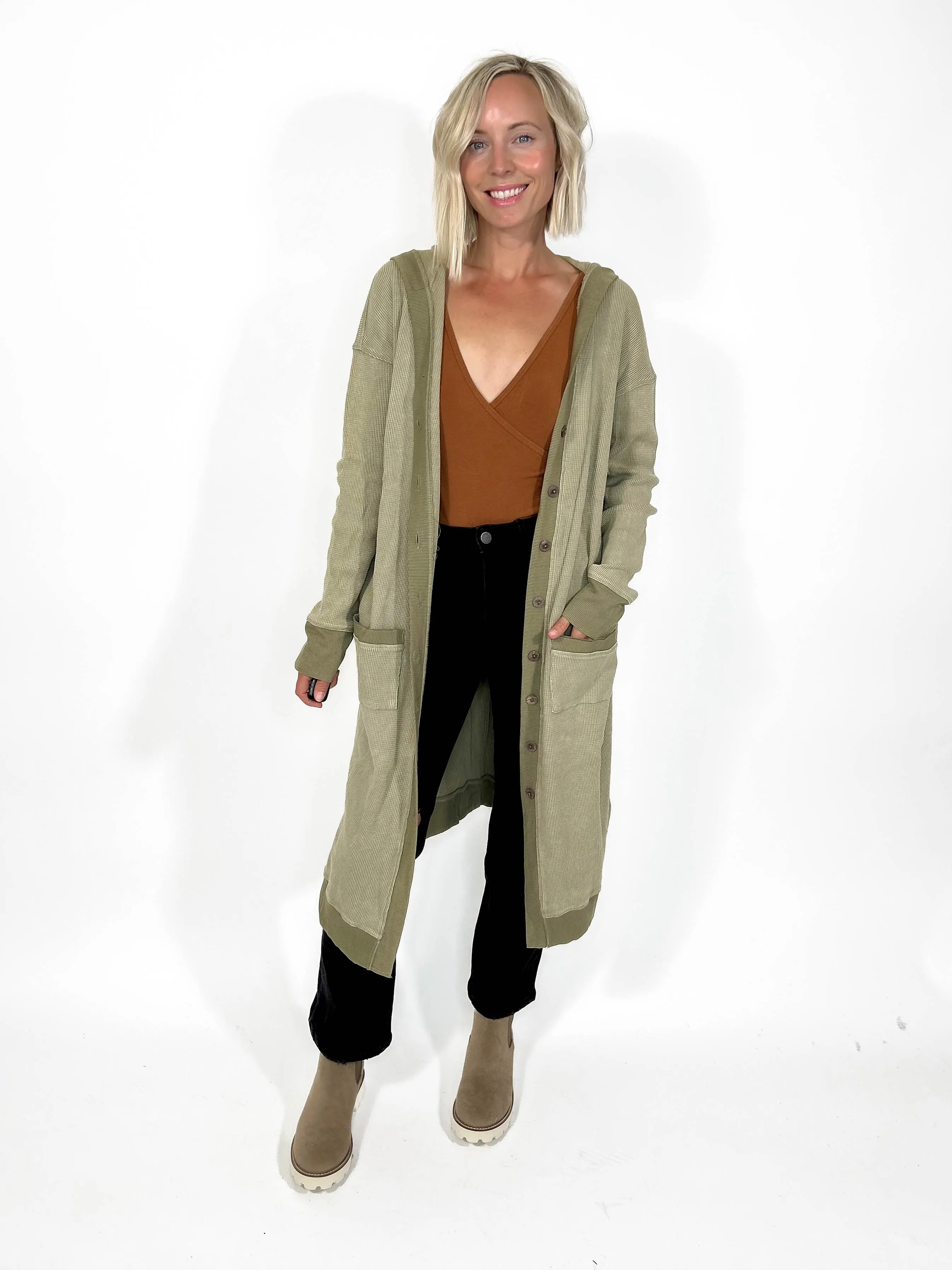 Kourtney Waffle Hoodie Cardigan- VINTAGE OLIVE-FINAL SALE