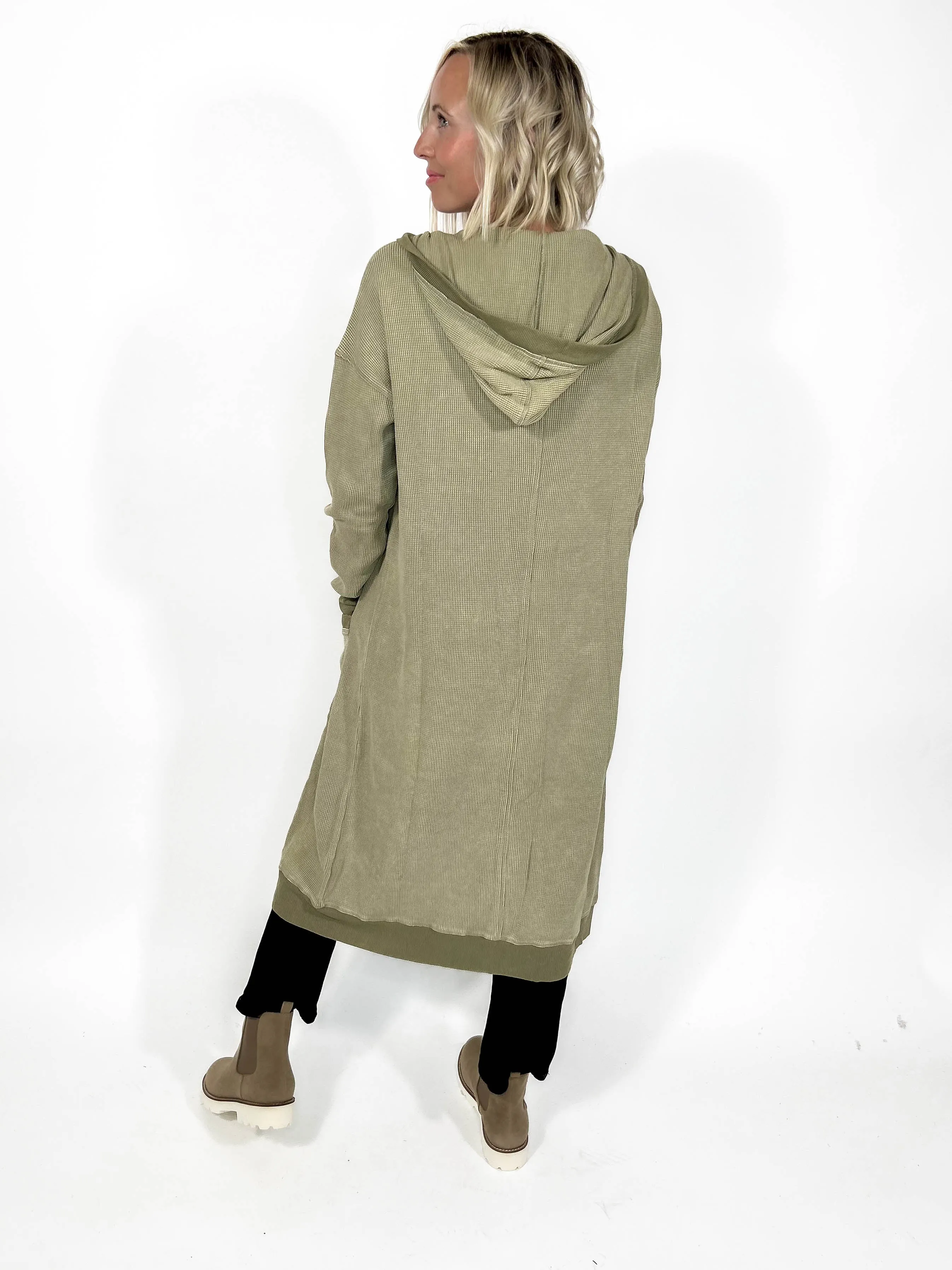 Kourtney Waffle Hoodie Cardigan- VINTAGE OLIVE-FINAL SALE