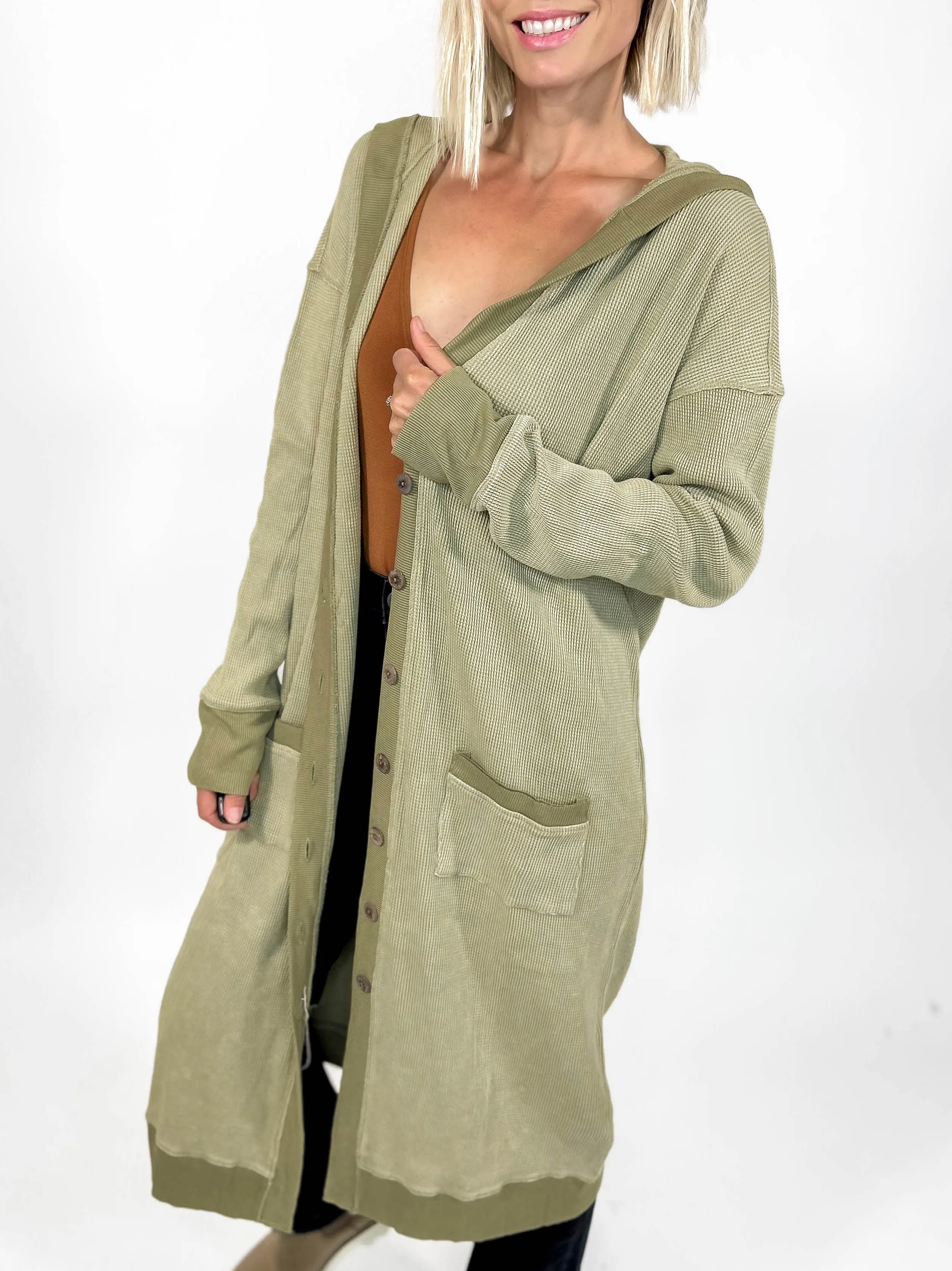 Kourtney Waffle Hoodie Cardigan- VINTAGE OLIVE-FINAL SALE