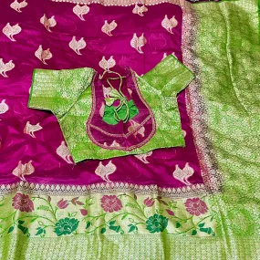 Magenta Pink & Green Paithani Border Banarasi Dupion Silk Saree with Stitched Blouse
