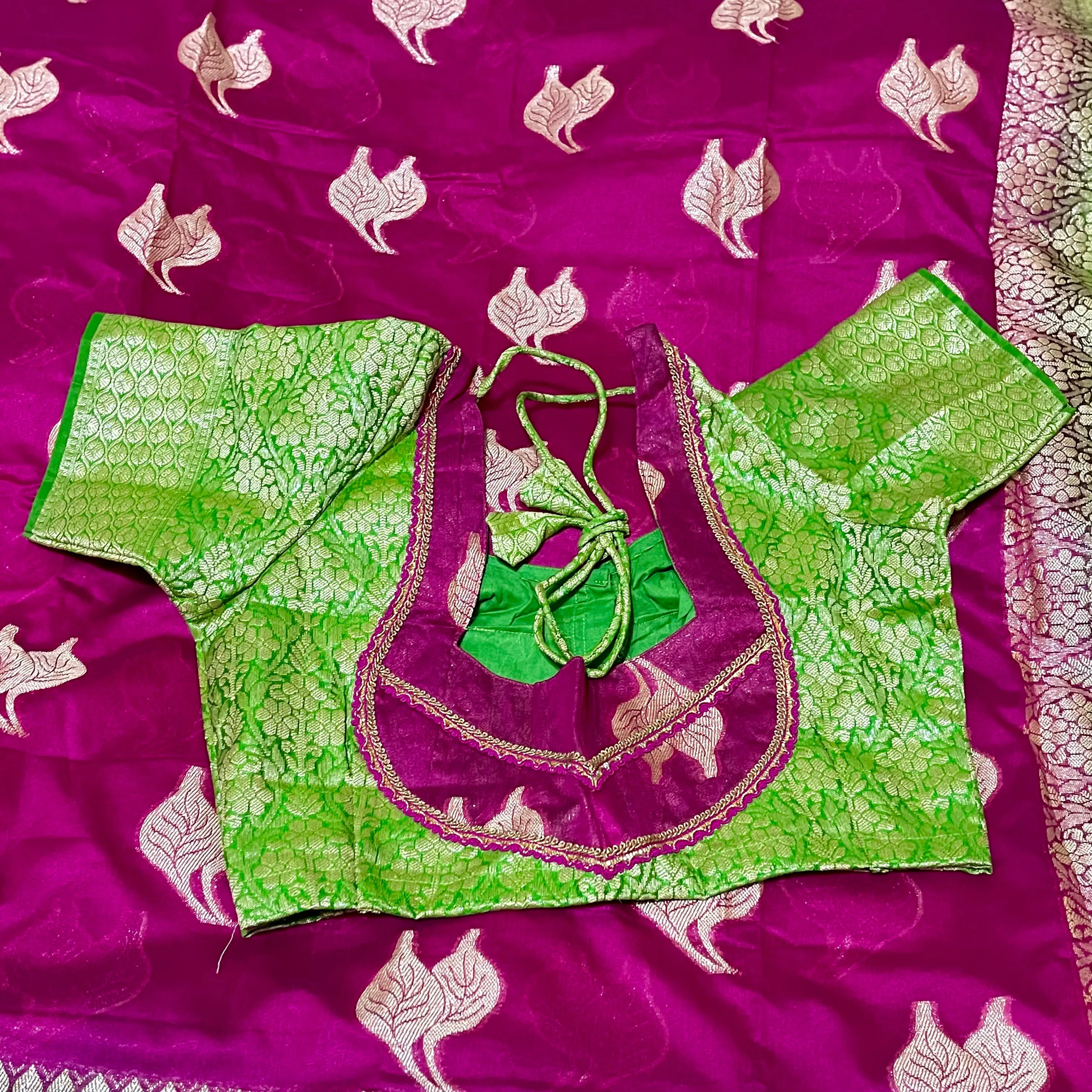 Magenta Pink & Green Paithani Border Banarasi Dupion Silk Saree with Stitched Blouse