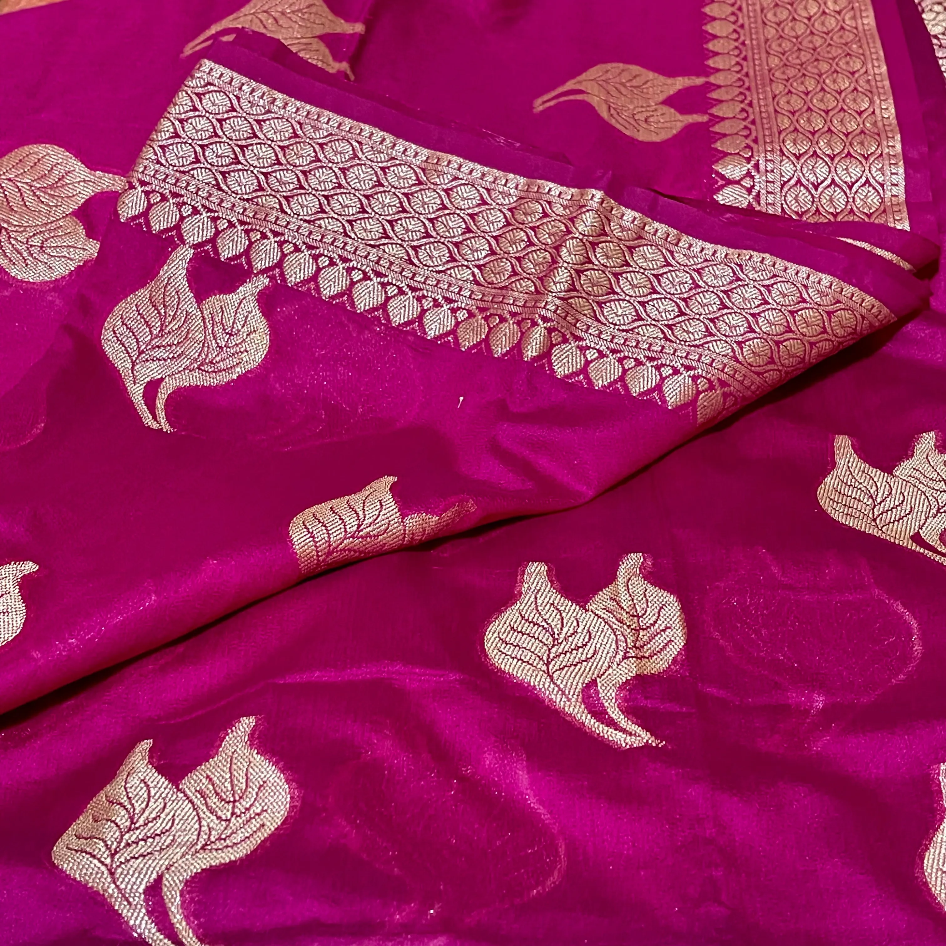 Magenta Pink & Green Paithani Border Banarasi Dupion Silk Saree with Stitched Blouse
