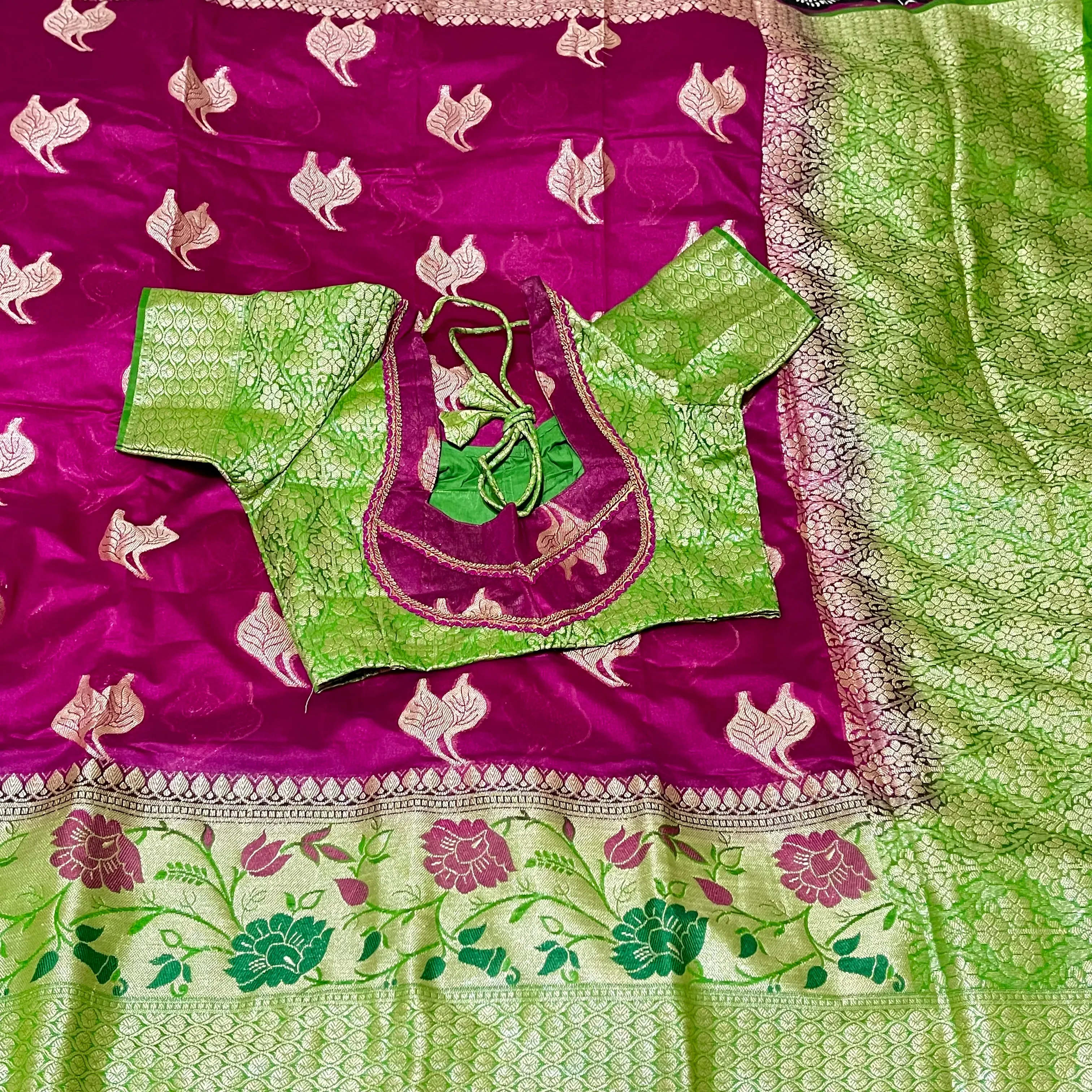 Magenta Pink & Green Paithani Border Banarasi Dupion Silk Saree with Stitched Blouse