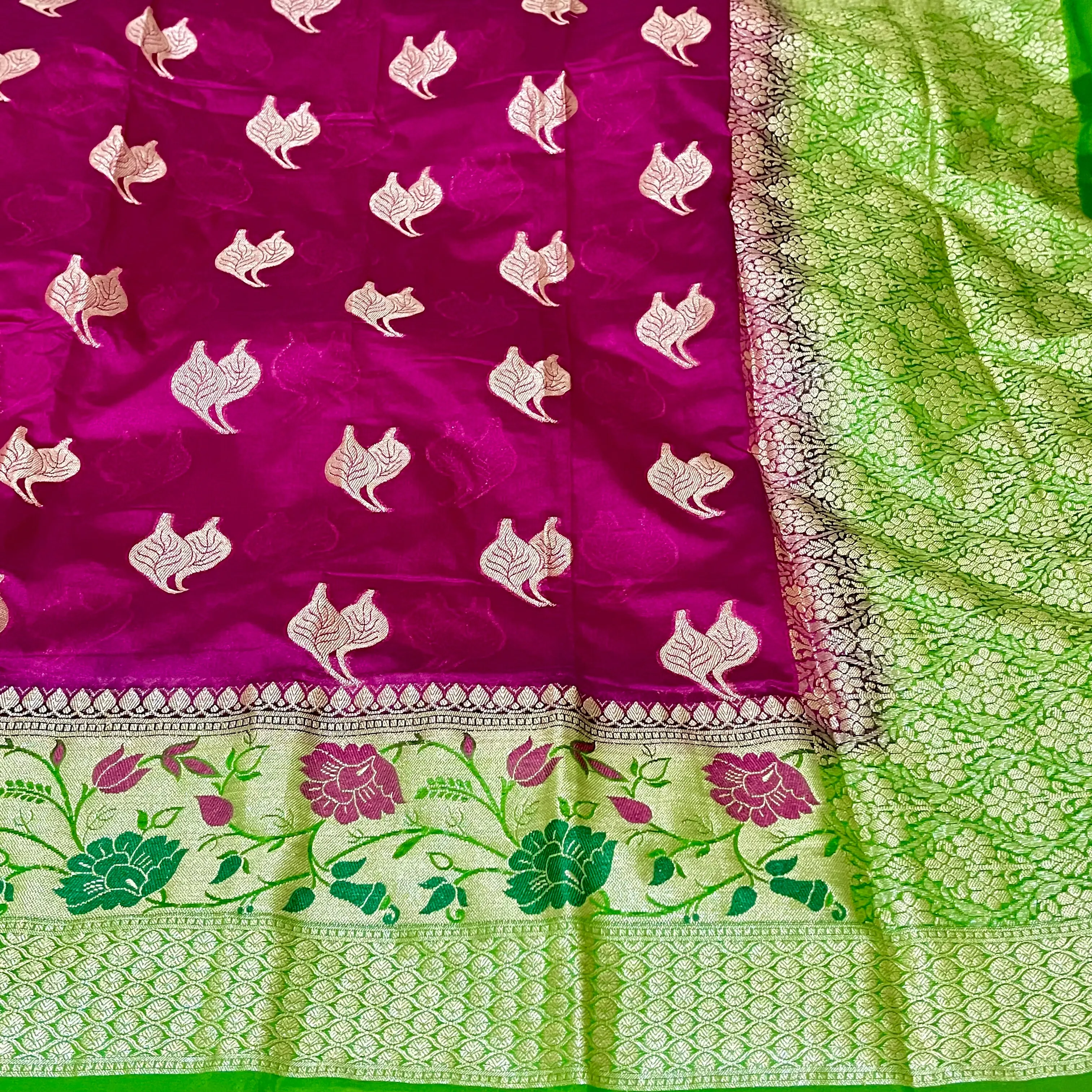 Magenta Pink & Green Paithani Border Banarasi Dupion Silk Saree with Stitched Blouse