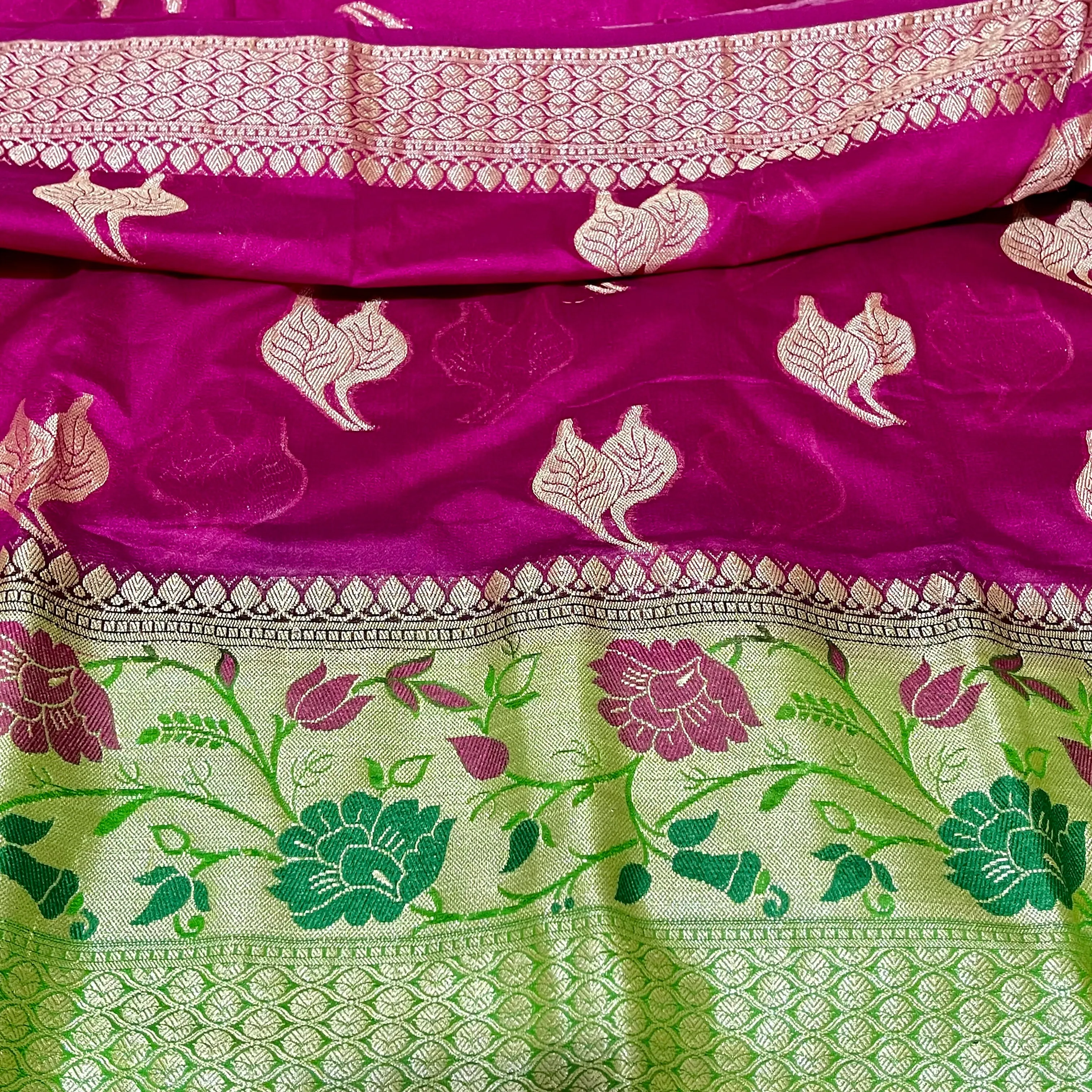 Magenta Pink & Green Paithani Border Banarasi Dupion Silk Saree with Stitched Blouse
