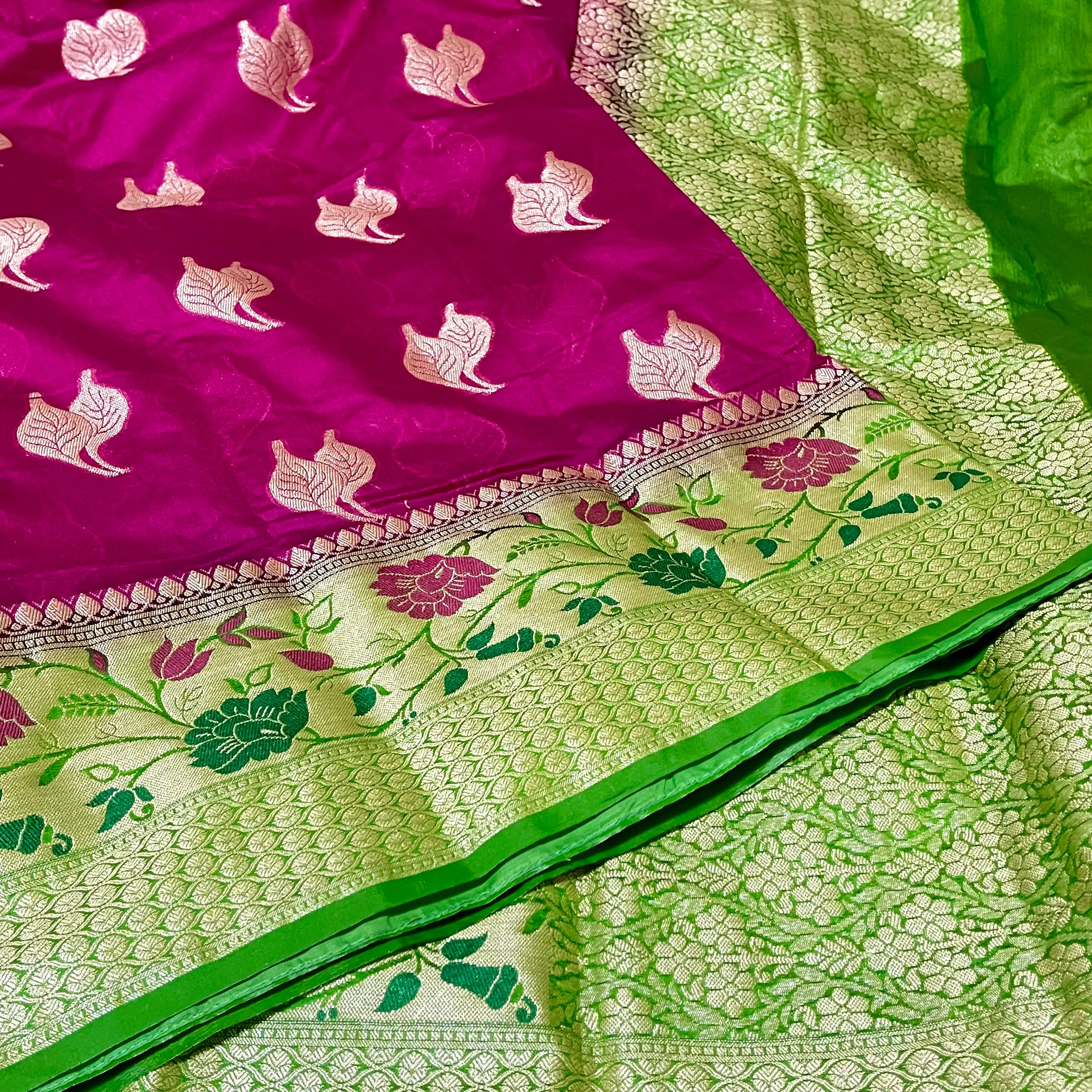 Magenta Pink & Green Paithani Border Banarasi Dupion Silk Saree with Stitched Blouse