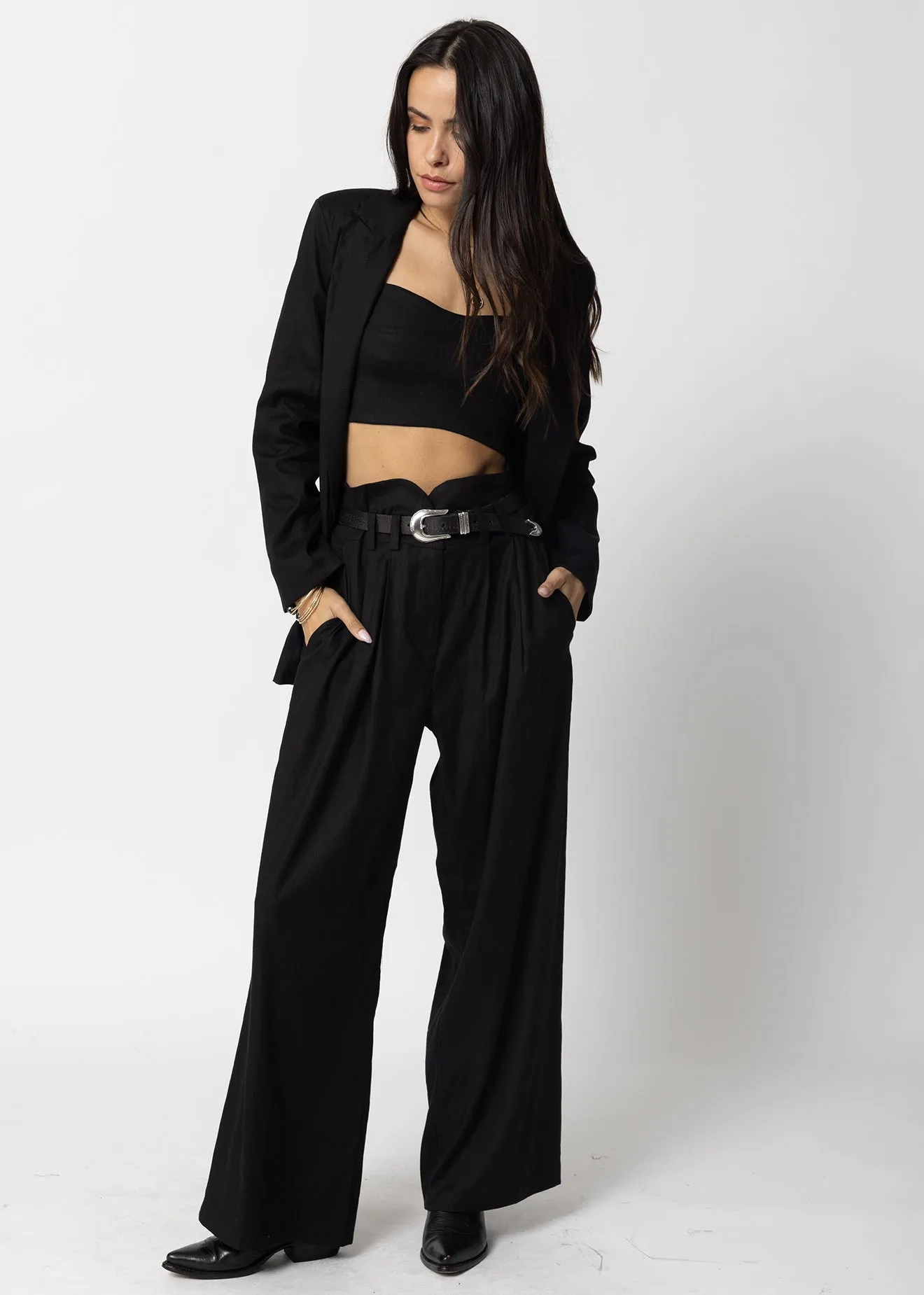 STRETCH LINEN KNOTCH WAIST PANTS