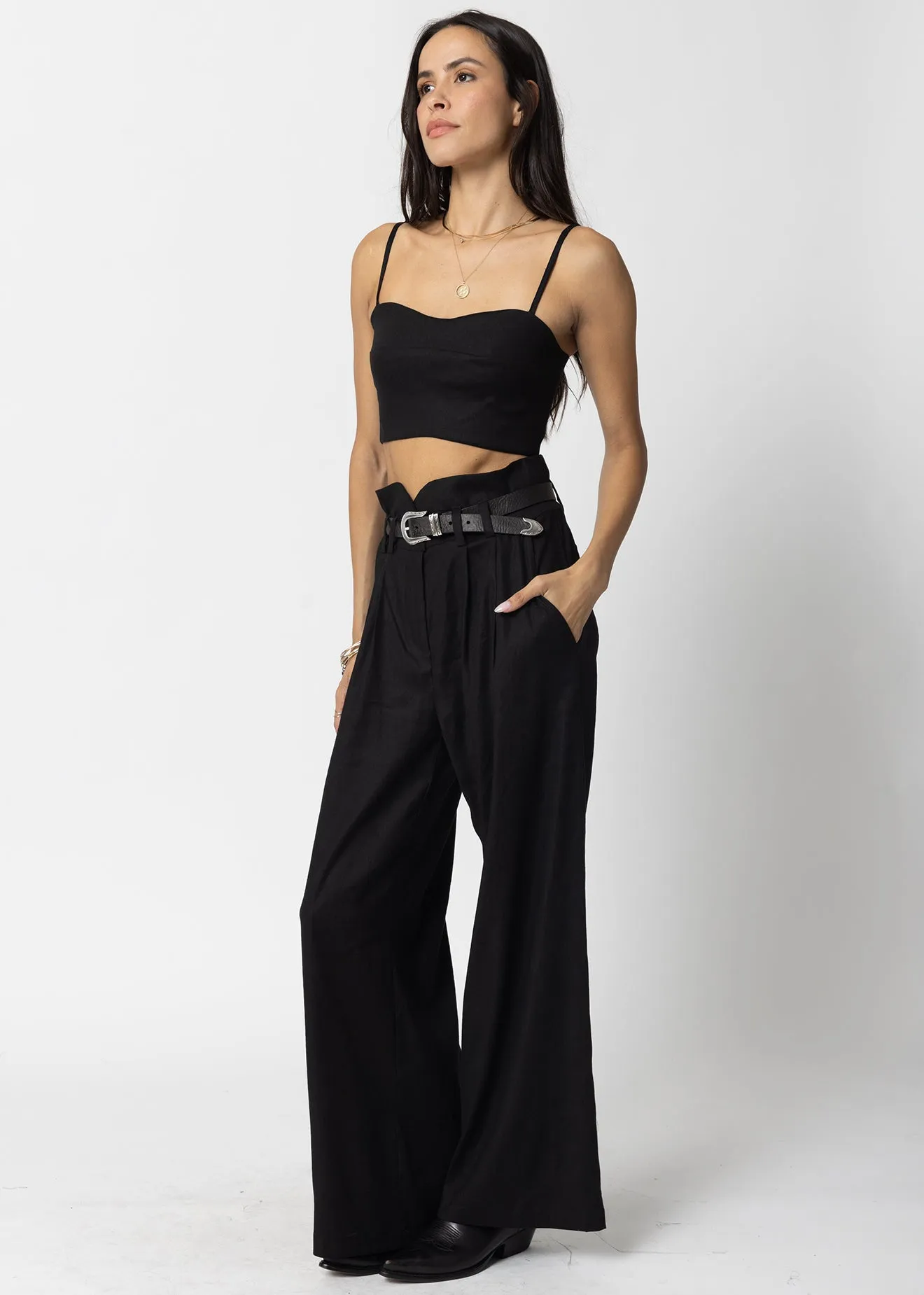 STRETCH LINEN KNOTCH WAIST PANTS