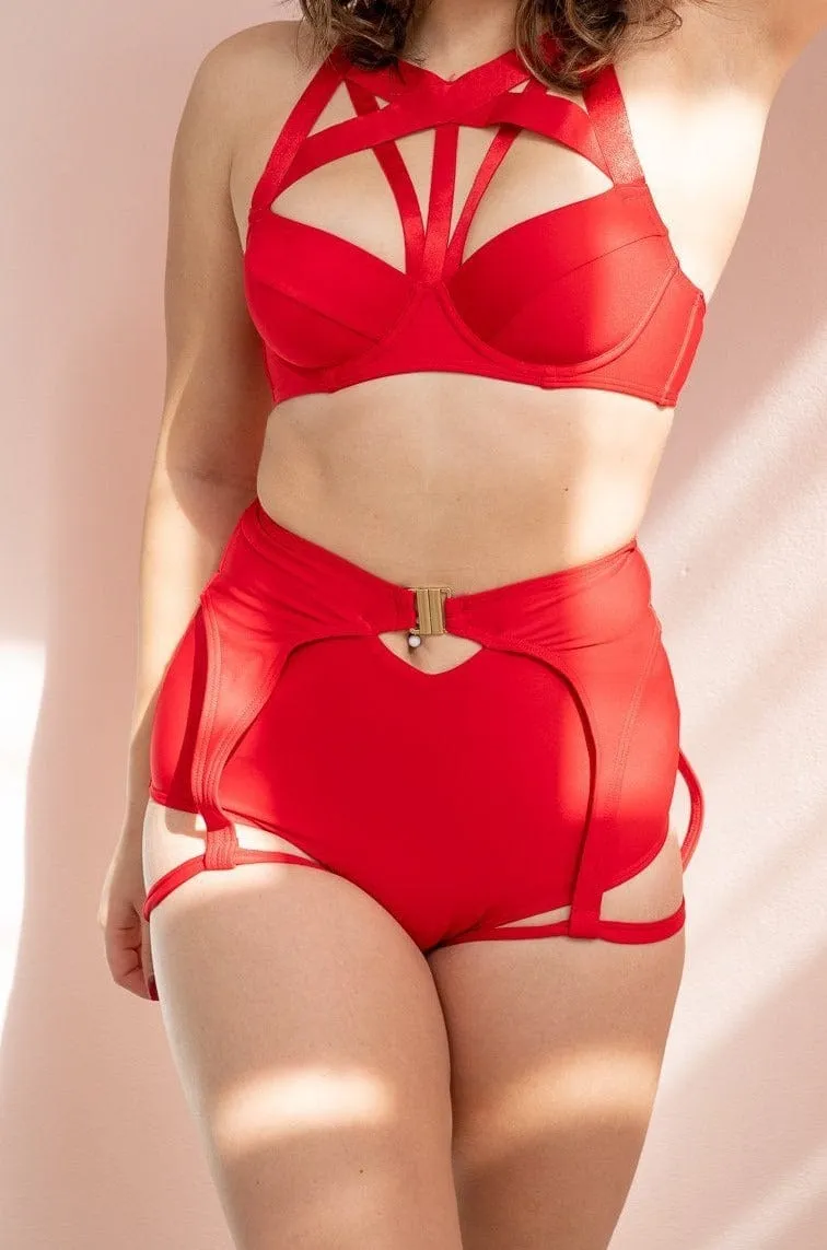 Zara High Waist Bottoms - Buckle Garter Recycled Bottom Red